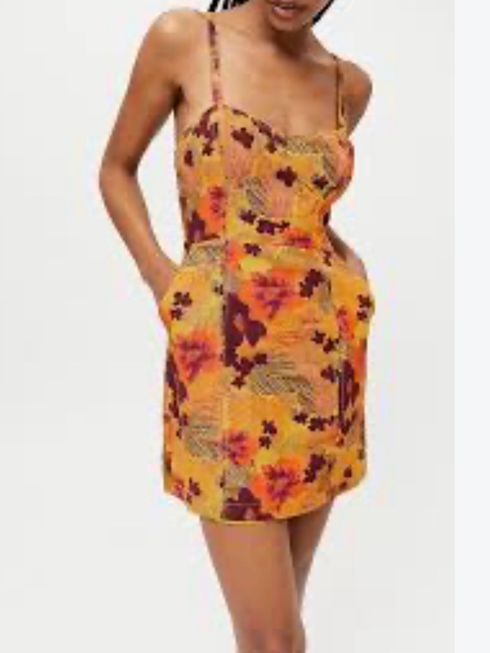 Urban Outfitters Gold Floral Mini Dress with Rust Accents